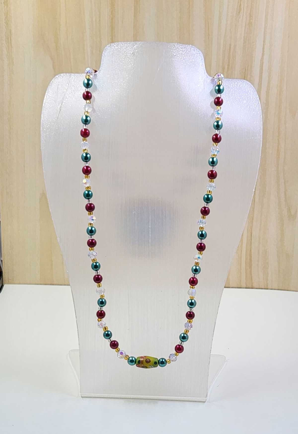 Handmade Green, Red, Gold and Clear Crystal Necklace Aquarian Designs