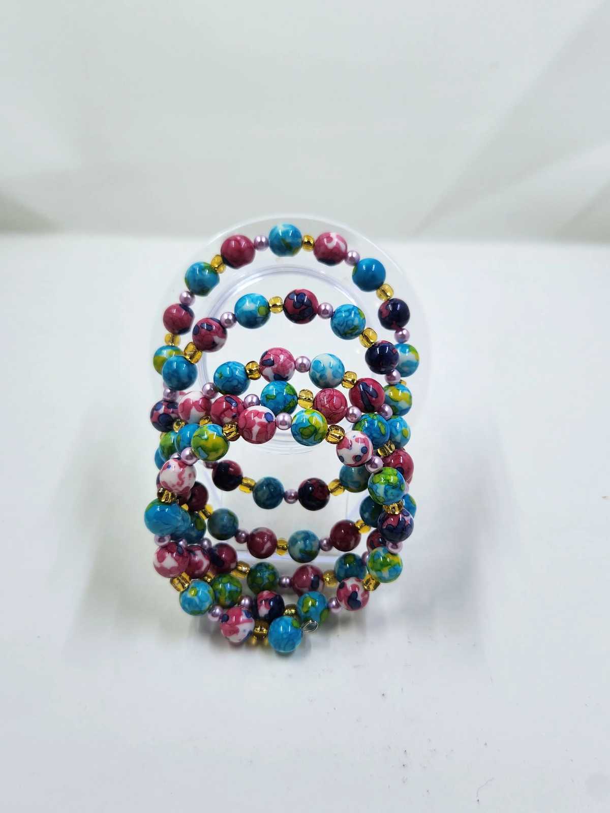 Handmade Bracelet and Earrings Set - Pink, Blue and Gold Aquarian Designs