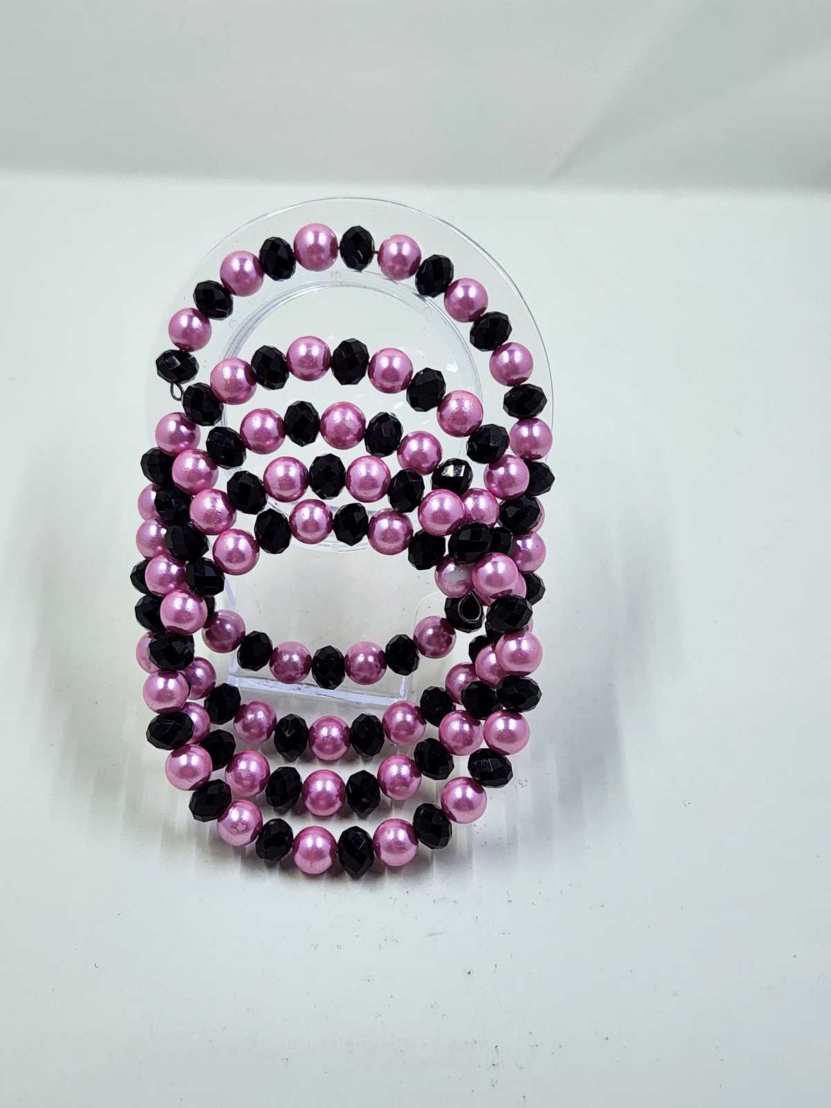 Handmade Hot Pink Pearl and Black Crystal Wrap Around Bracelet Aquarian Designs