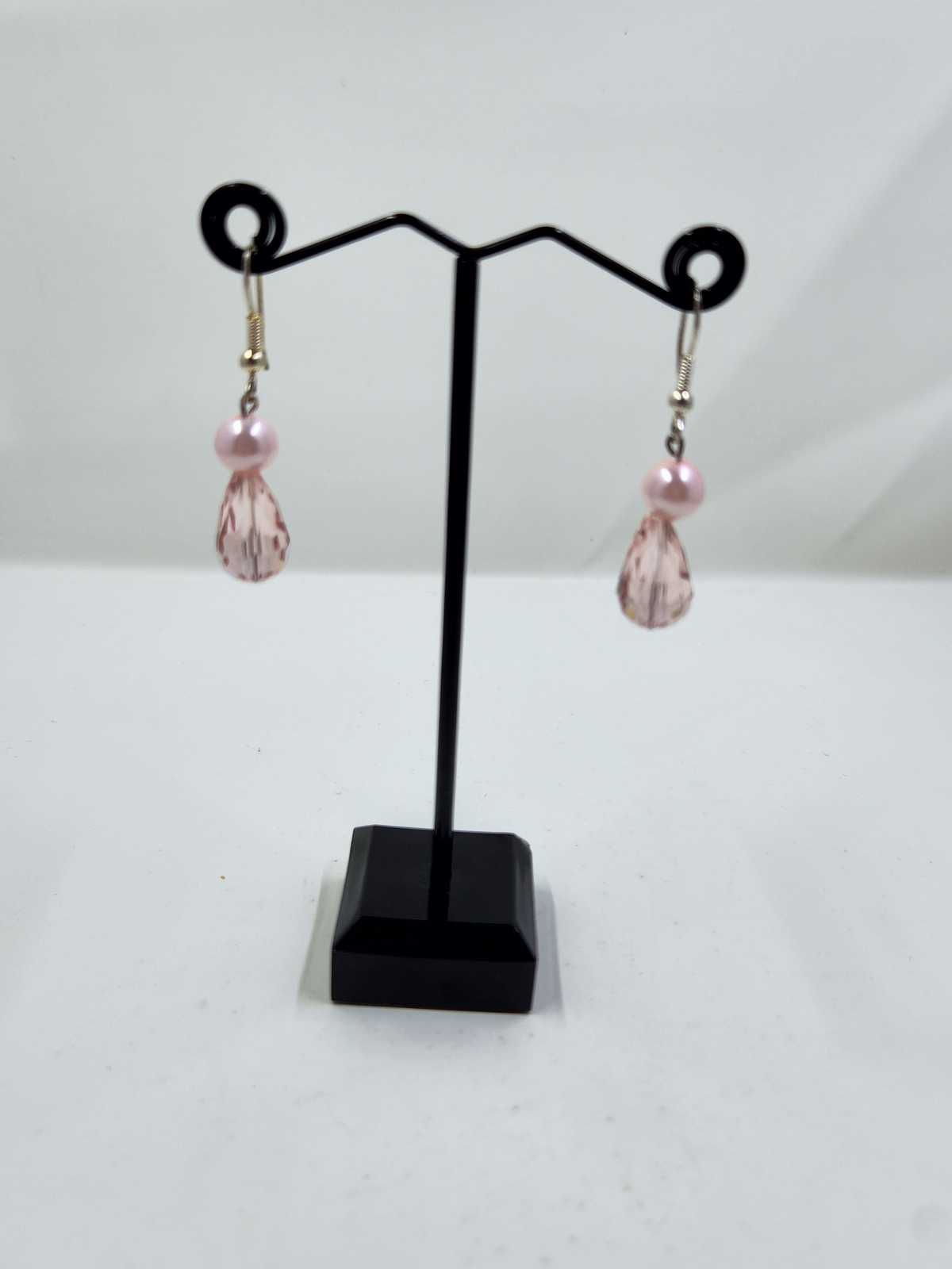 Handmade Light Pink Crystal Teardrop and Pearl Dangle Earrings Aquarian Designs