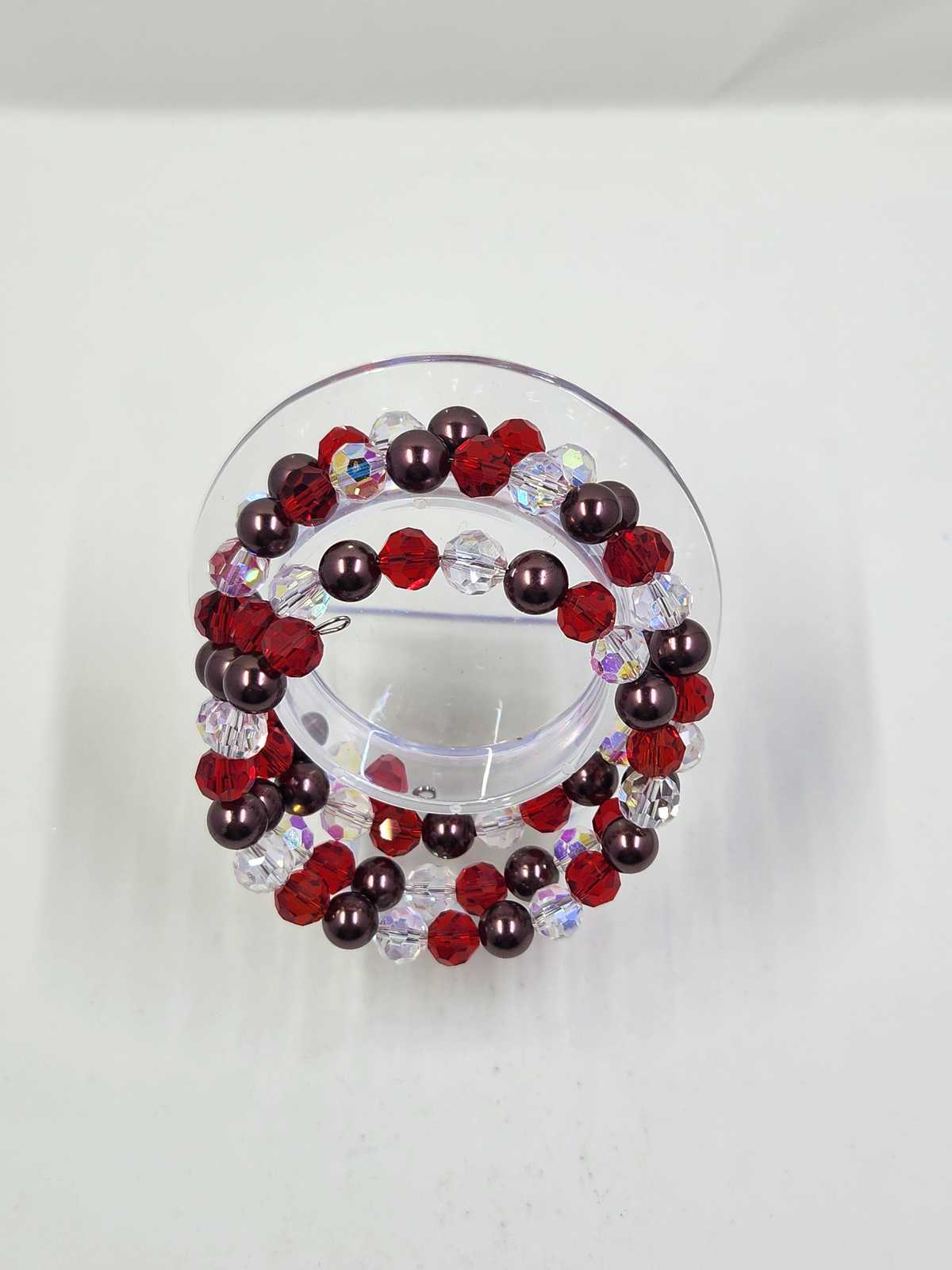 Handmade Memory Wire Bracelet - Red, Clear Crystal and Brown Aquarian Designs