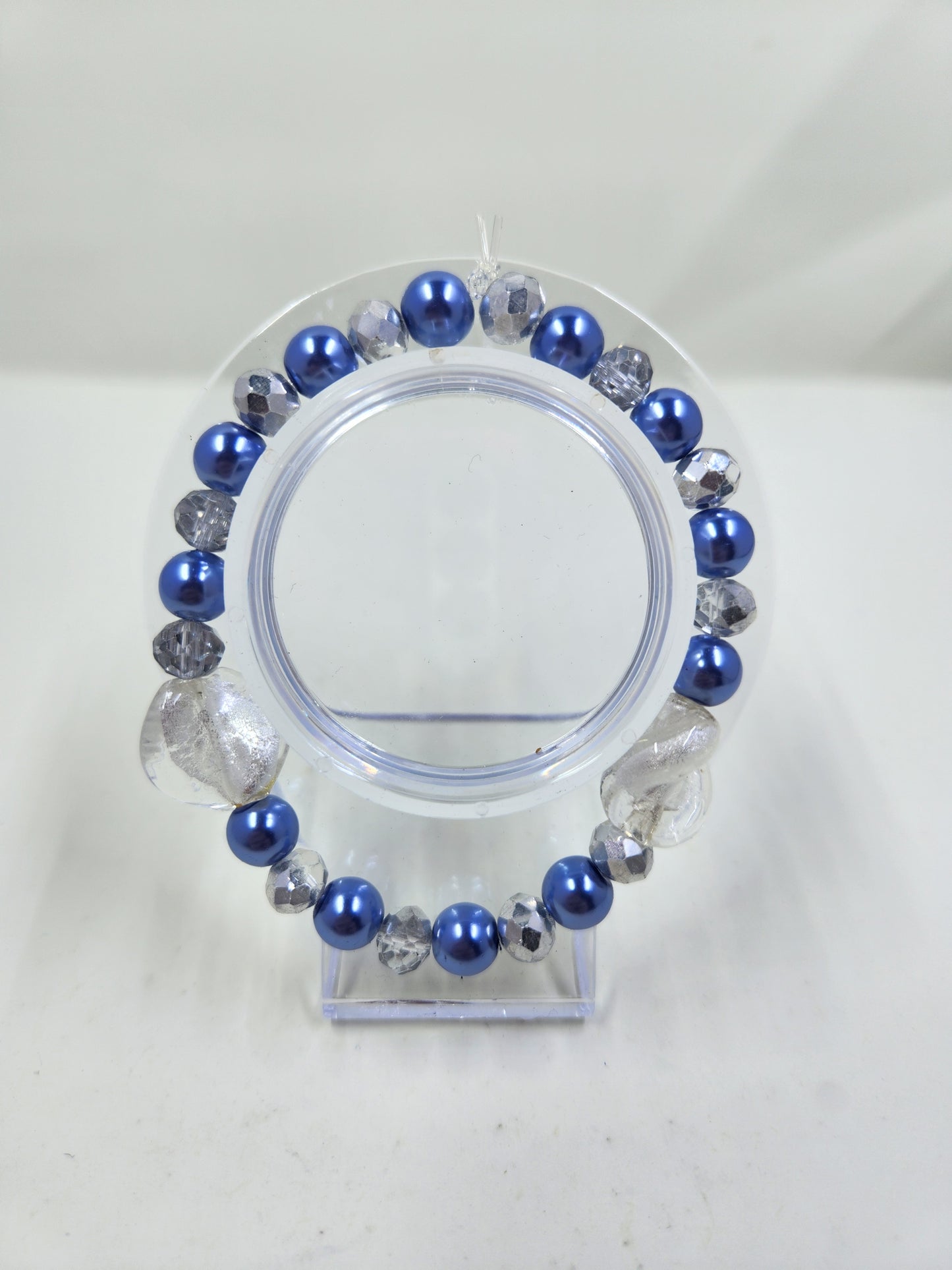 Handmade Night Blue Pearl and Silver Rondelle Crystal Bracelet