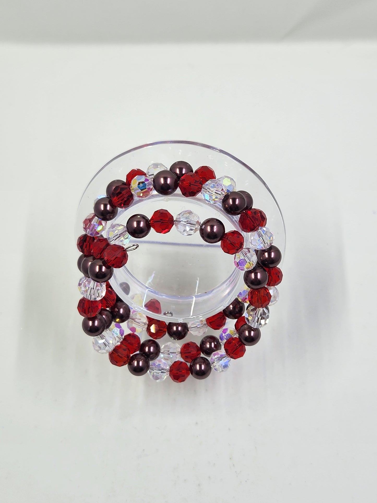 Memory Wire Handmade Bracelet and Earrings Set - Red and Clear Crystal, Brown