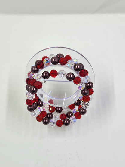 Memory Wire Bracelet and Earrings Set - Red and Clear Crystal, Brown
