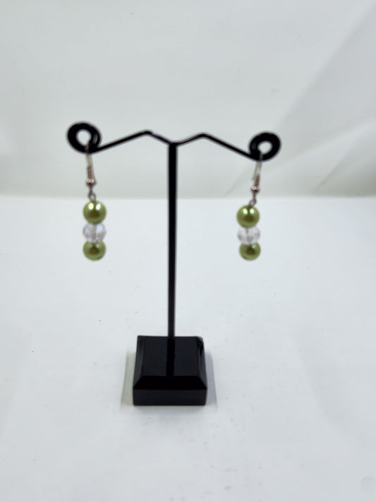 Handmade Light Green Pearl and Clear Crystal Dangle Earrings