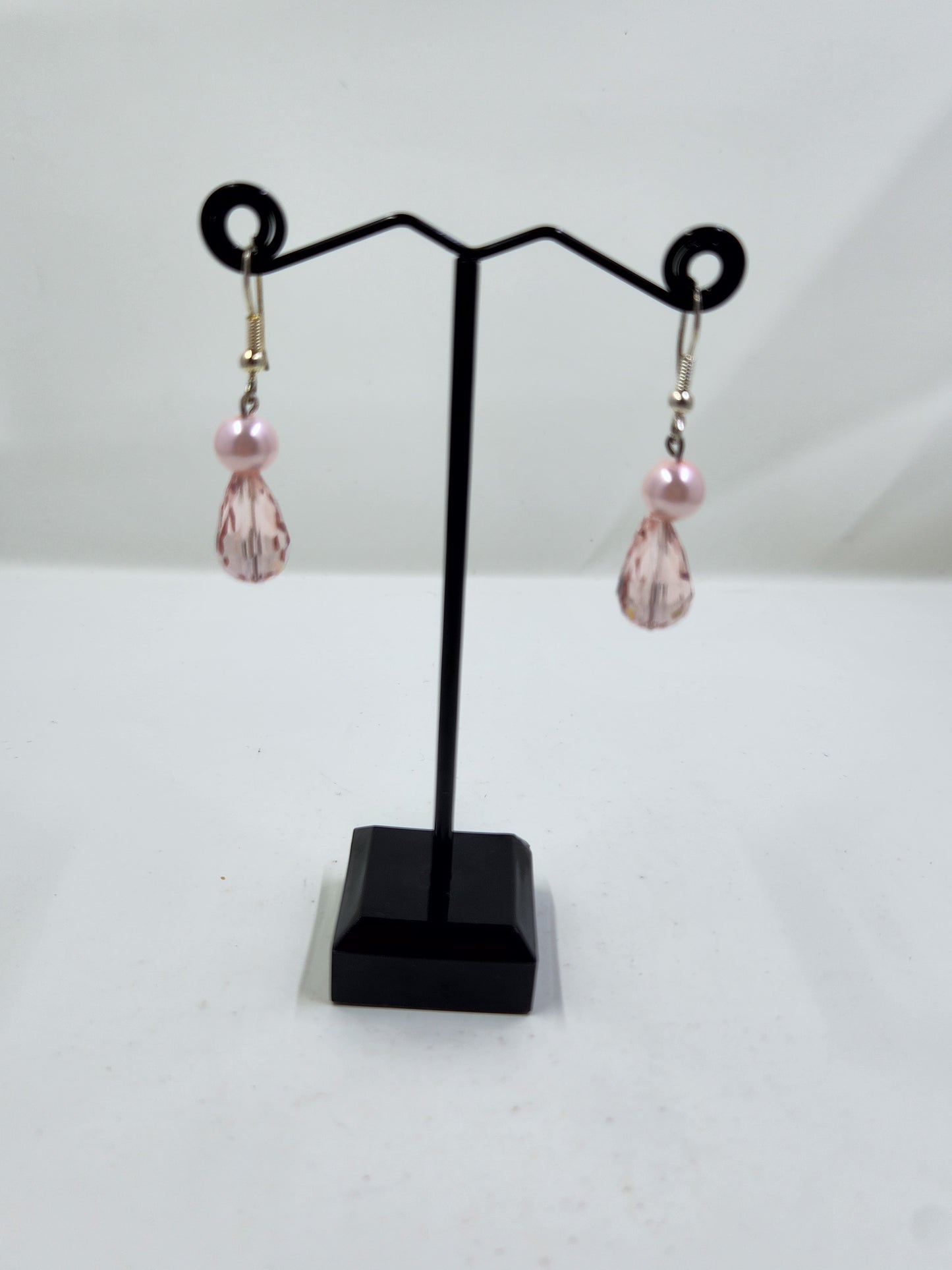 Handmade Light Pink Crystal Teardrop and Pearl Dangle Earrings