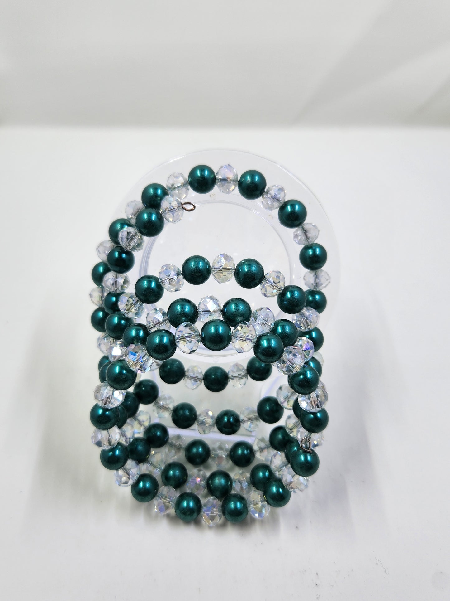 Handmade Necklace, Bracelet and Earrings Set - Dark Green & Clear Crystal