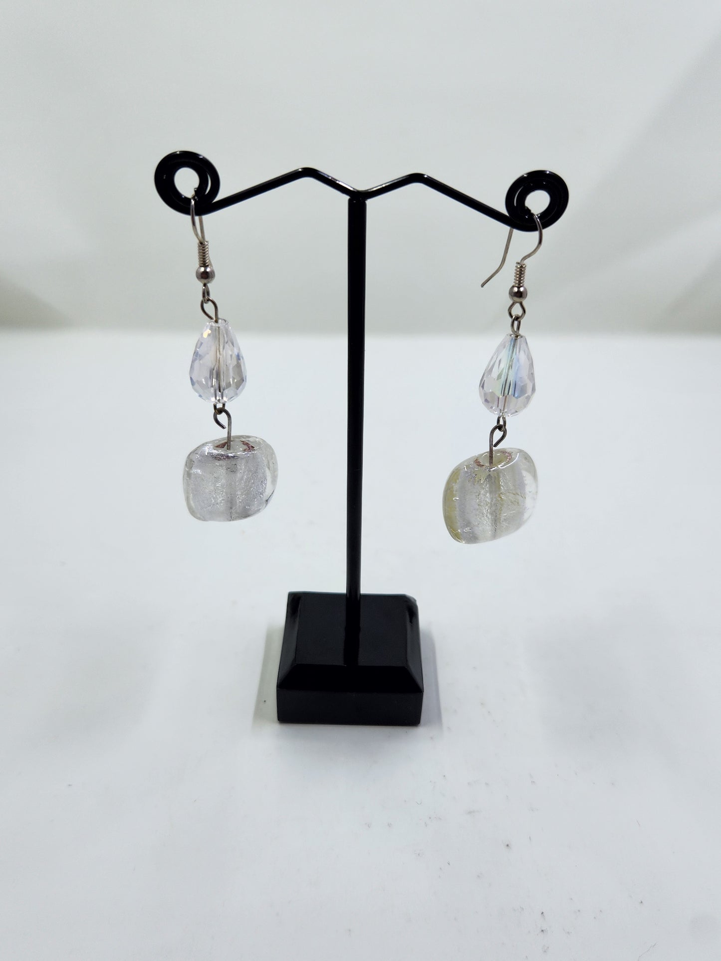 Handmade Clear Crystal Teardrop and Glass Bead Dangle Earrings