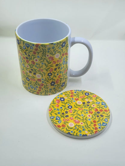 Handmade Yellow Floral Mug and Coaster Bundle