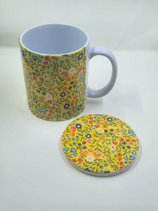 Handmade Yellow Floral Mug and Coaster Bundle