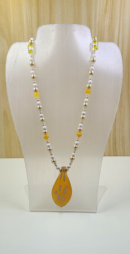 Handmade Yellow Drop with White Spots Pendant Necklace