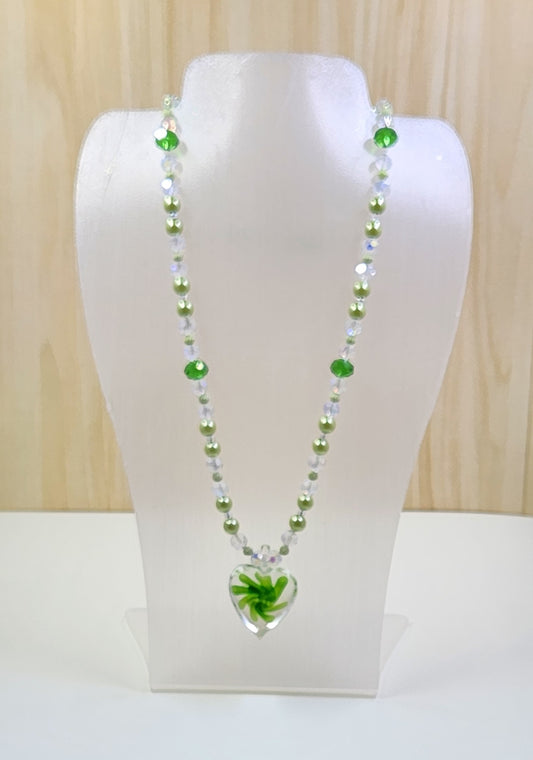 Handmade Puffy Heart with Green Flower Pendant