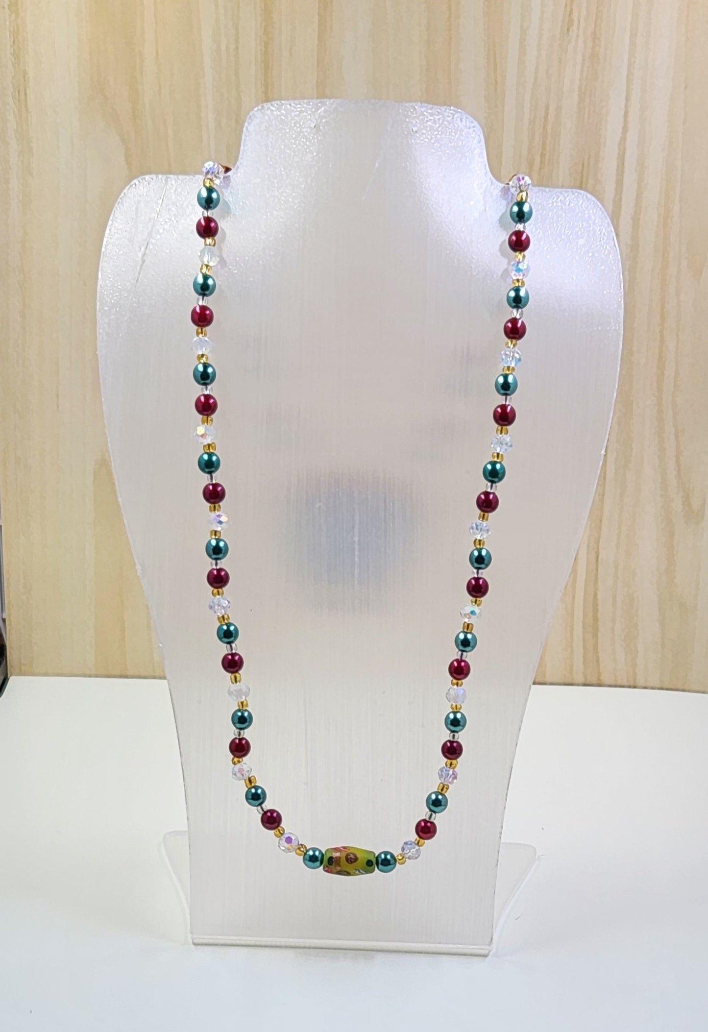 Handmade Green, Red, Gold and Clear Crystal Necklace