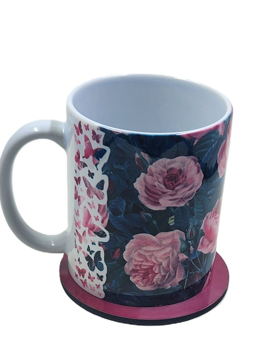 Cabbage Roses Butterfly Edge Mug and Coaster