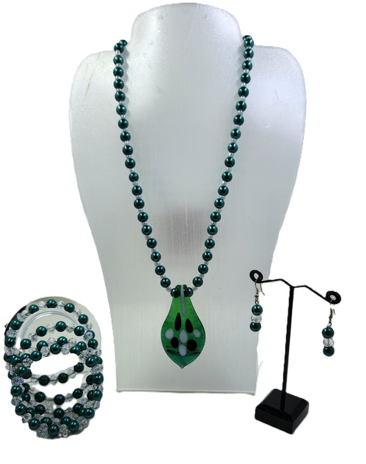 Handmade Jewellery Set - Dark Green & Clear Crystal
