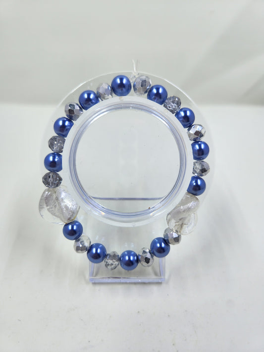 Handmade Night Blue Pearl and Silver Rondelle Crystal Bracelet