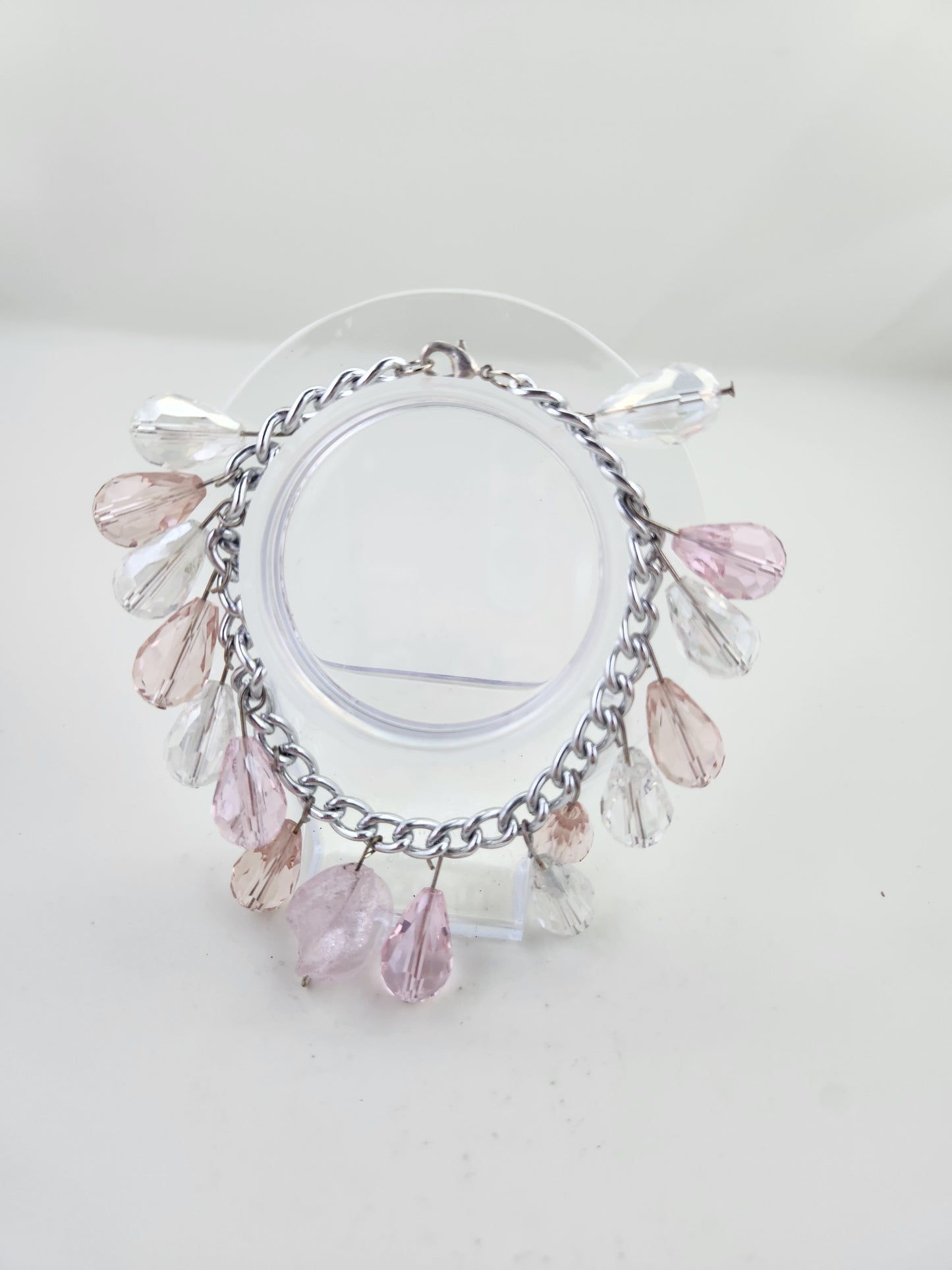 Handmade Pink and White Crystal Teardrop Chain Bracelet