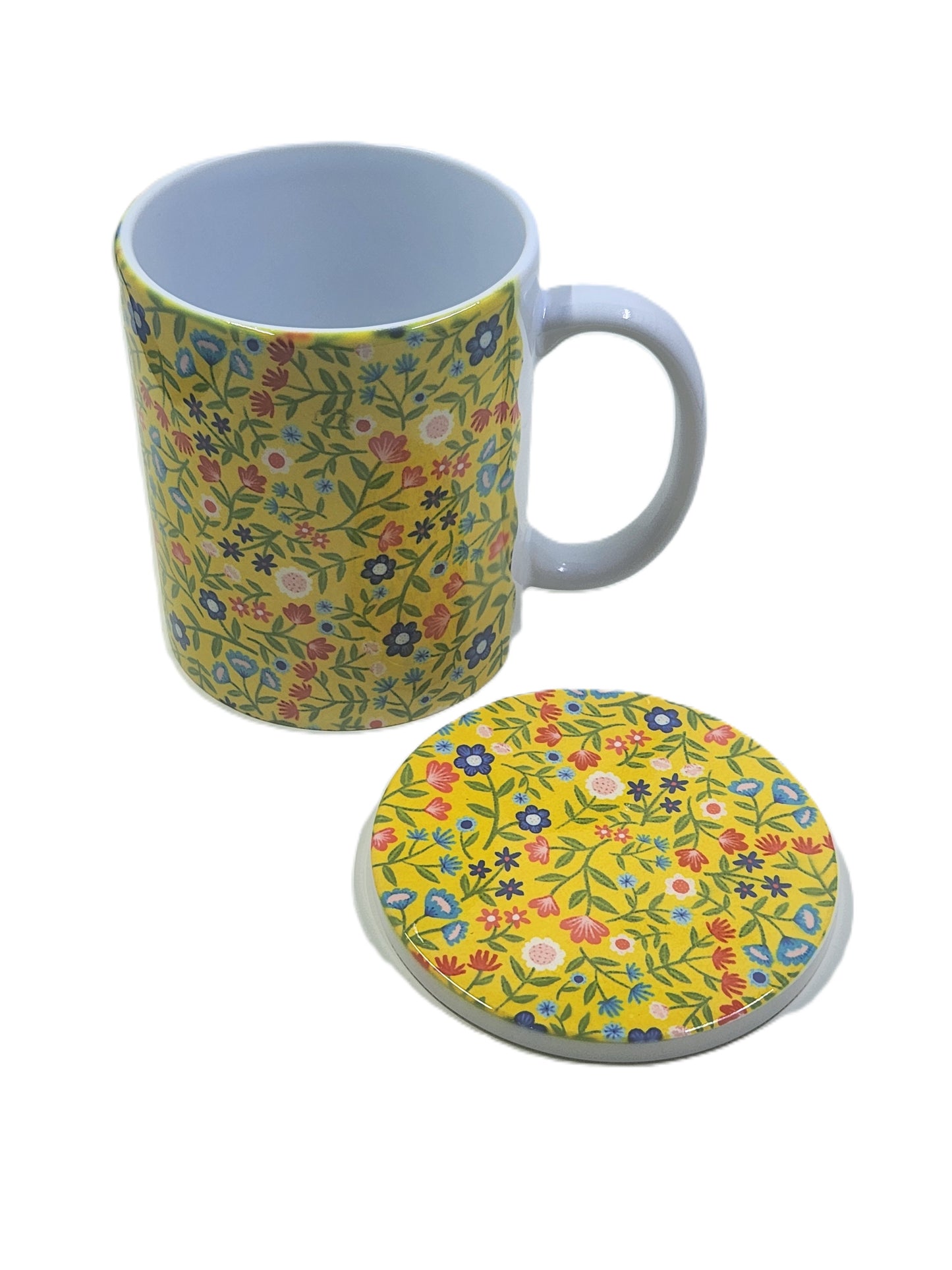 Handmade Yellow Floral Mug and Coaster Bundle